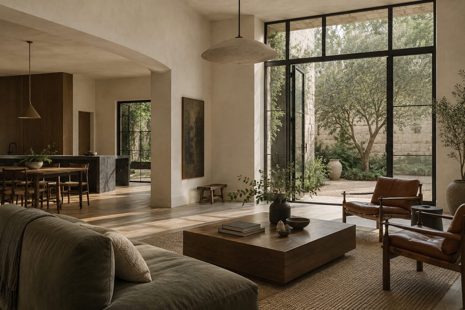 Warm Austin interior with oak, plaster, and vintage seating