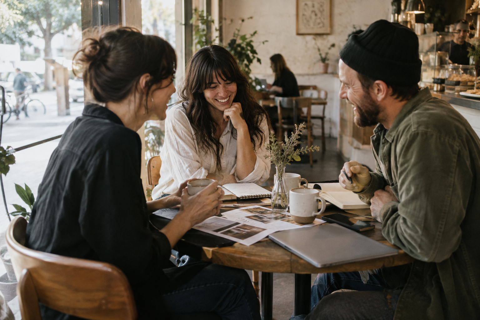 People collaborating over coffee in an Austin cafe
