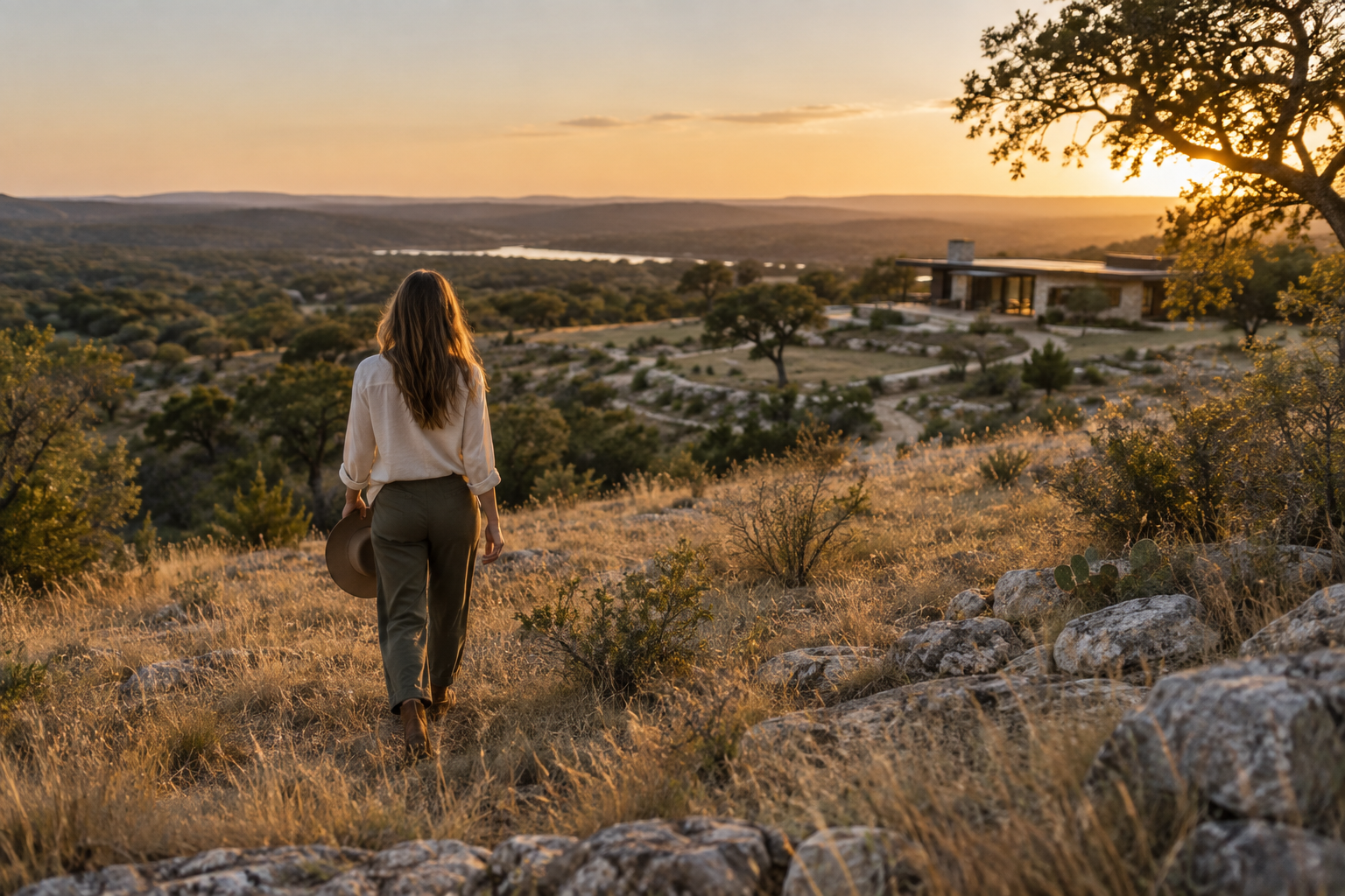 Woman walking across an open Texas property toward a distant contemporary structure